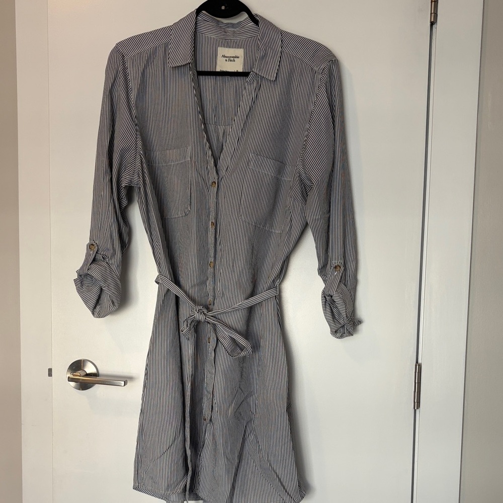 Abercrombie & Fitch Blue and White Striped Tie-Waist Shirt Dress